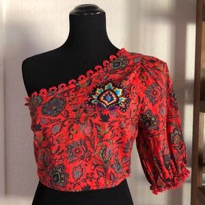 FARM Rio Red and Black Asymmetrical Puff Sleeve Blouse